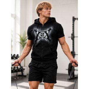 Training Gear Black Short Sleeve Zip Skull Graphic Hoodie L